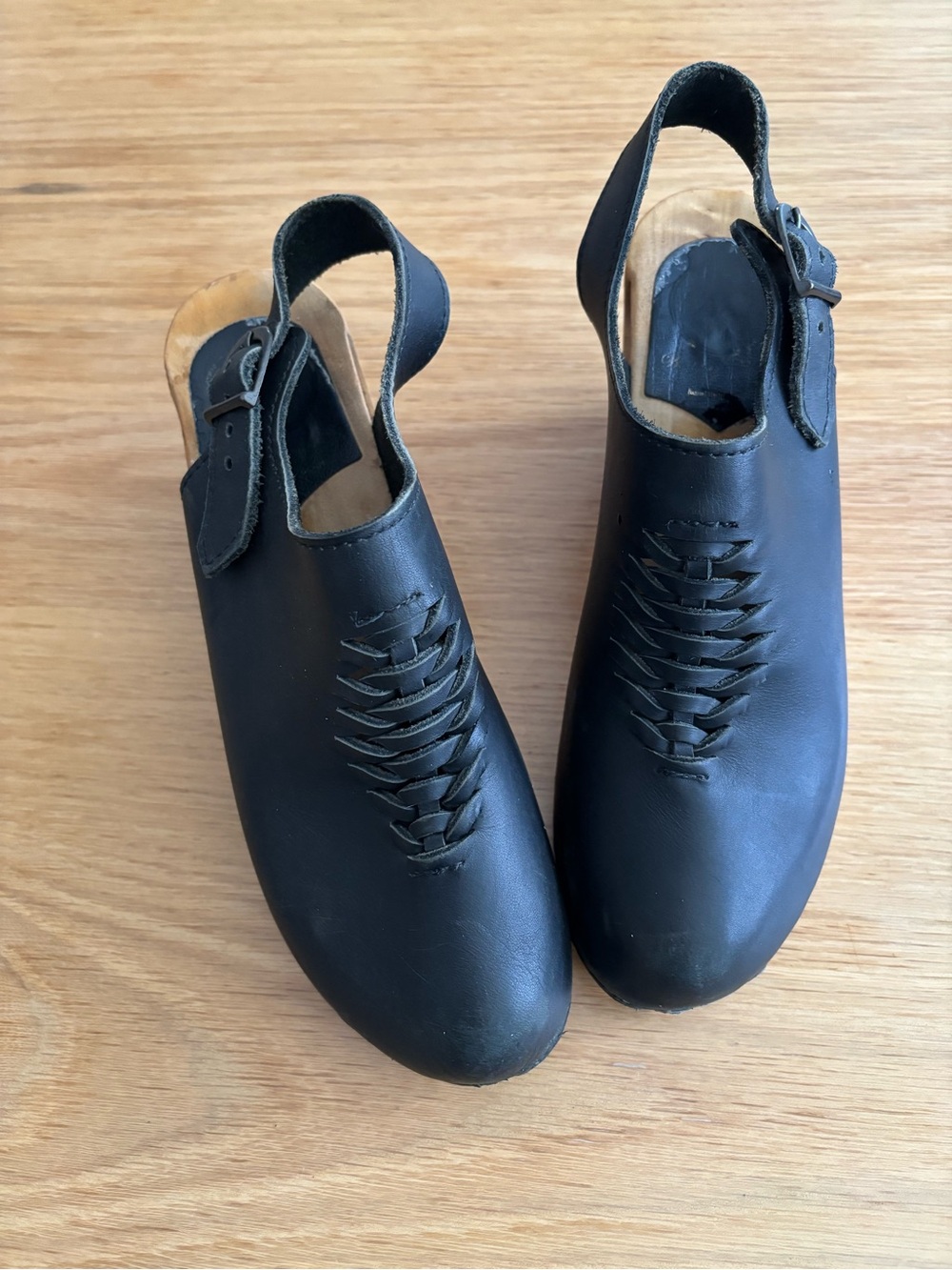 No. 6 Black Leather Slingback Clogs with Woven Detail